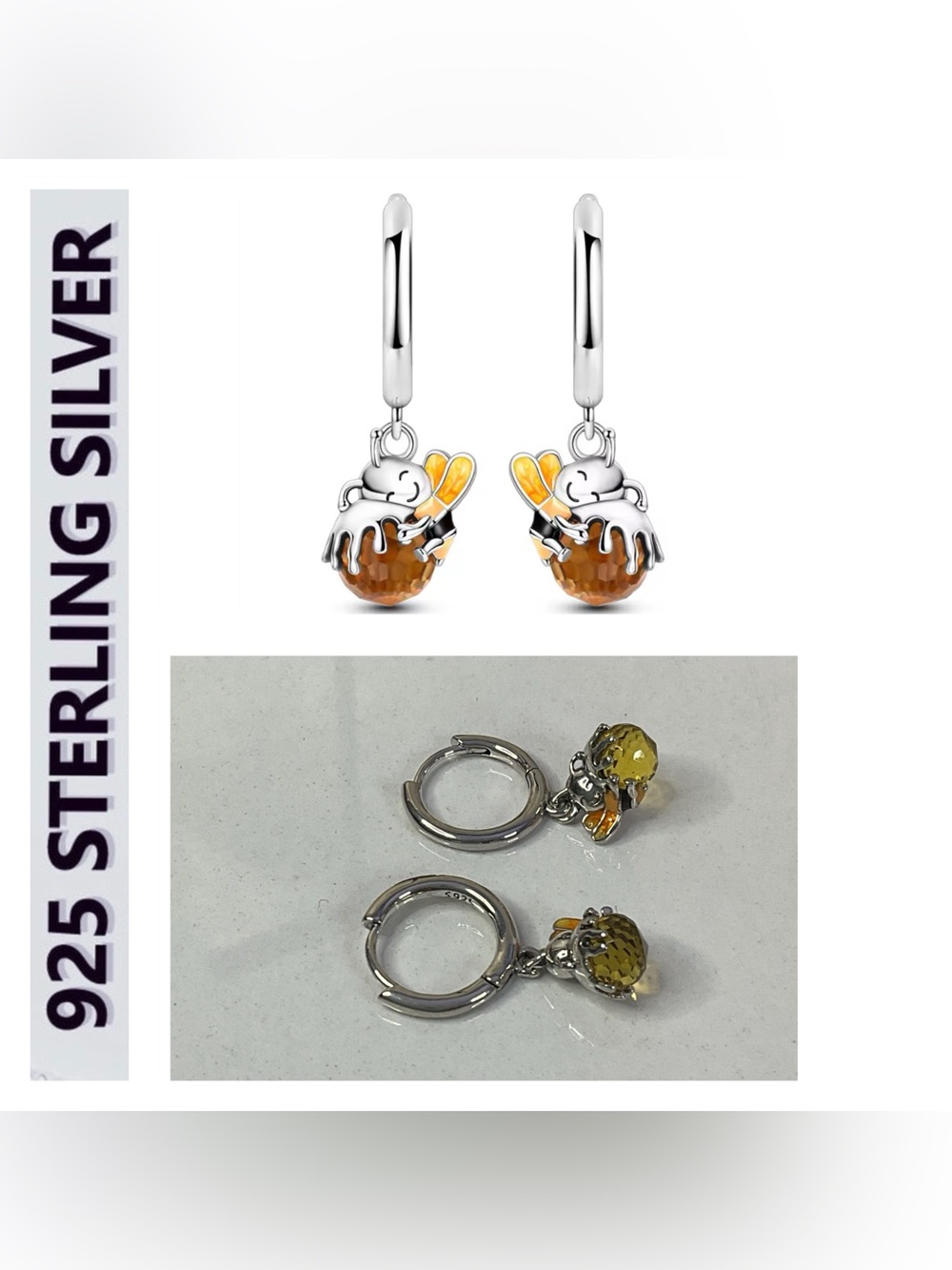 🌟🌟 S925 Sterling Silver Bee Charm Hoop Earrings with Amber Gemstone